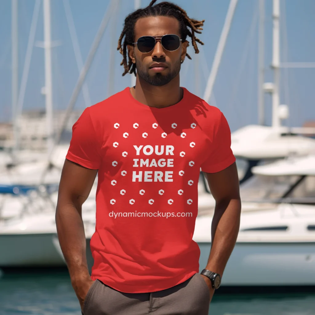 Man Wearing Red T-shirt Mockup Front View Template