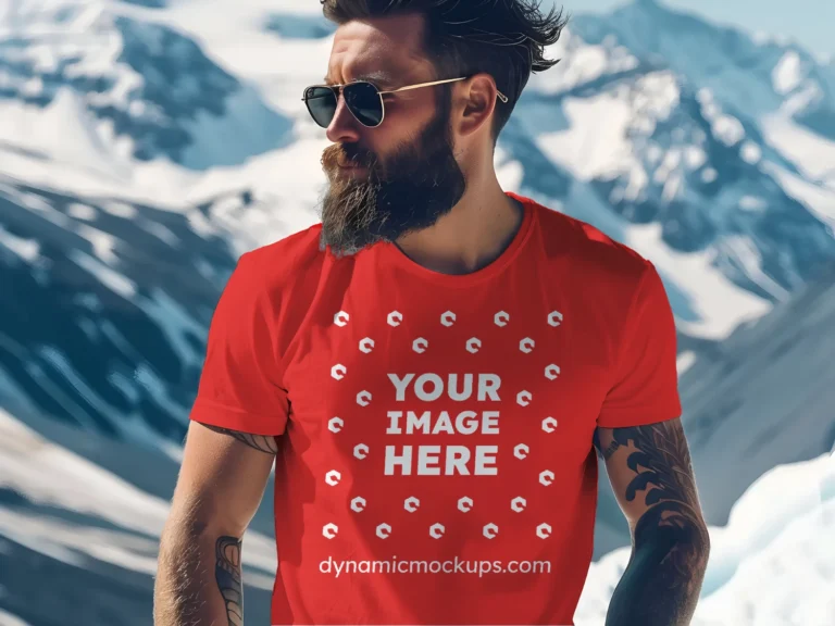 Man Wearing Red T-shirt Mockup Front View Template