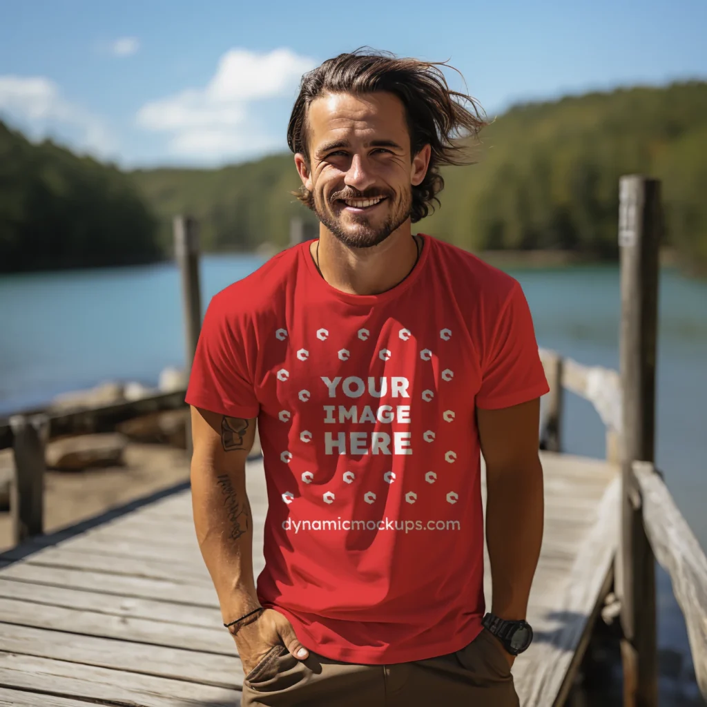 Man Wearing Red T-shirt Mockup Front View Template