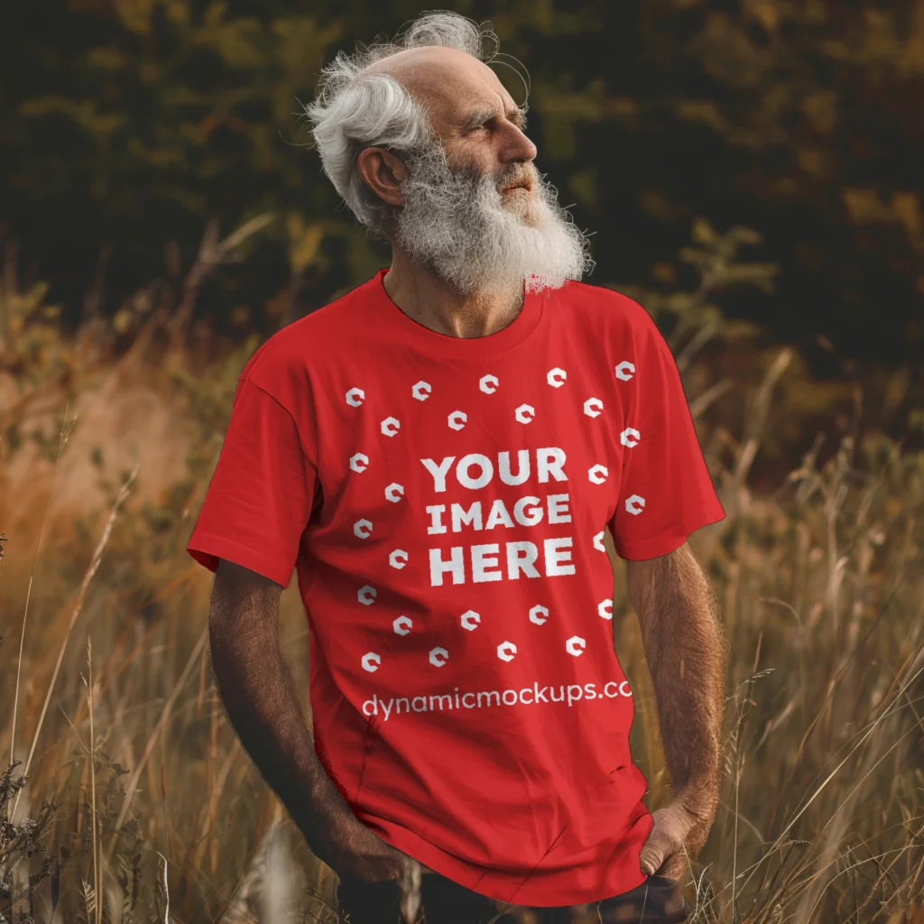 Man Wearing Red T-shirt Mockup Front View Template