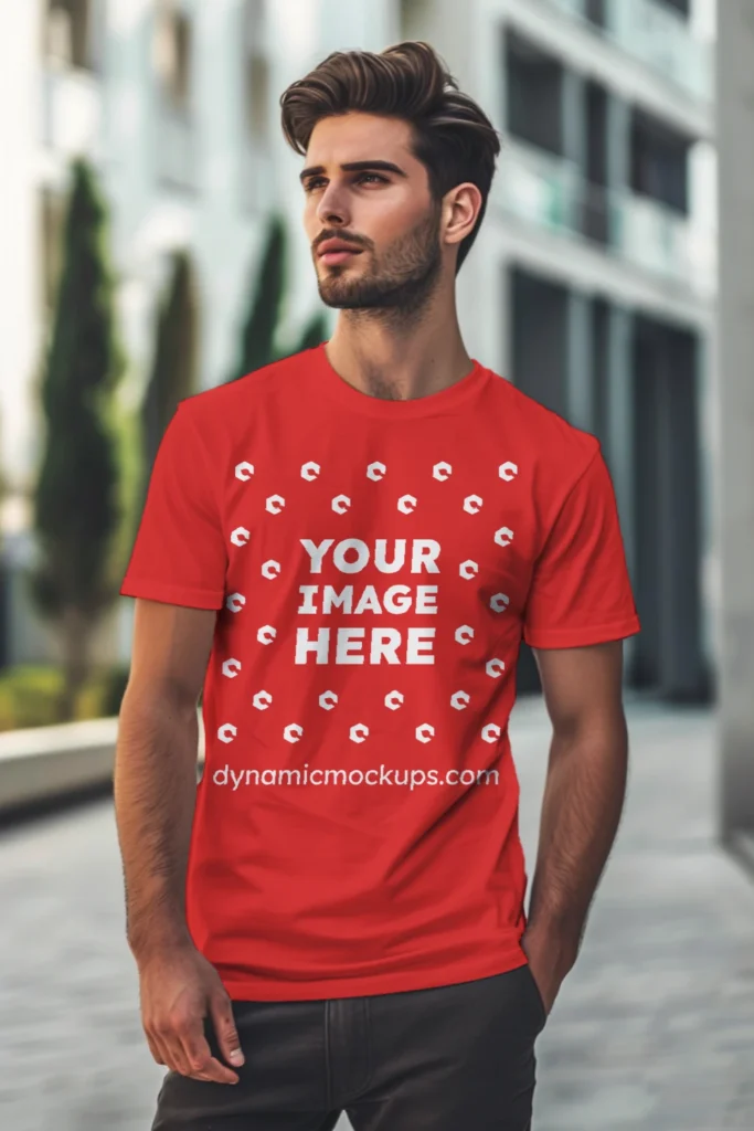 Man Wearing Red T-shirt Mockup Front View Template