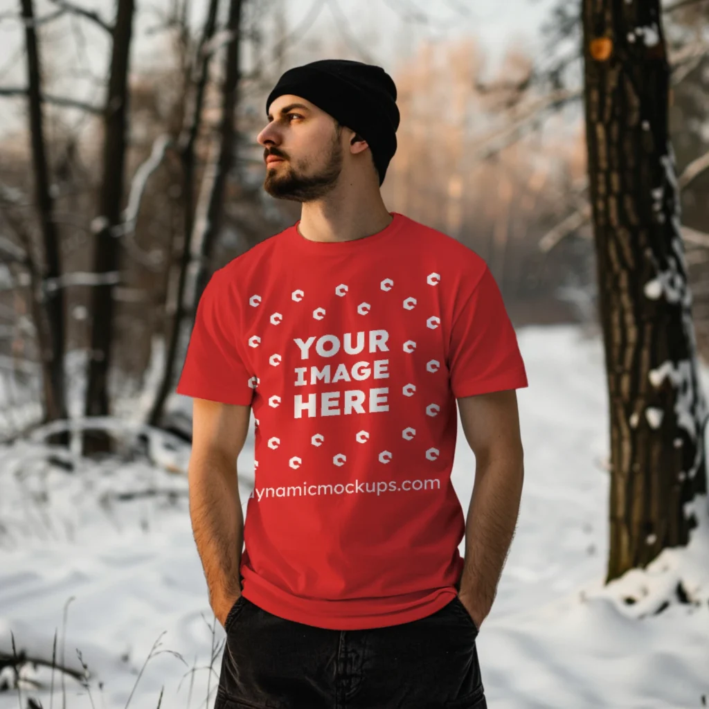 Man Wearing Red T-shirt Mockup Front View Template