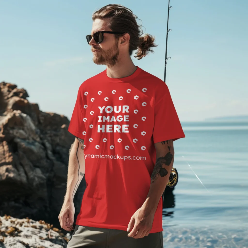 Man Wearing Red T-shirt Mockup Front View Template