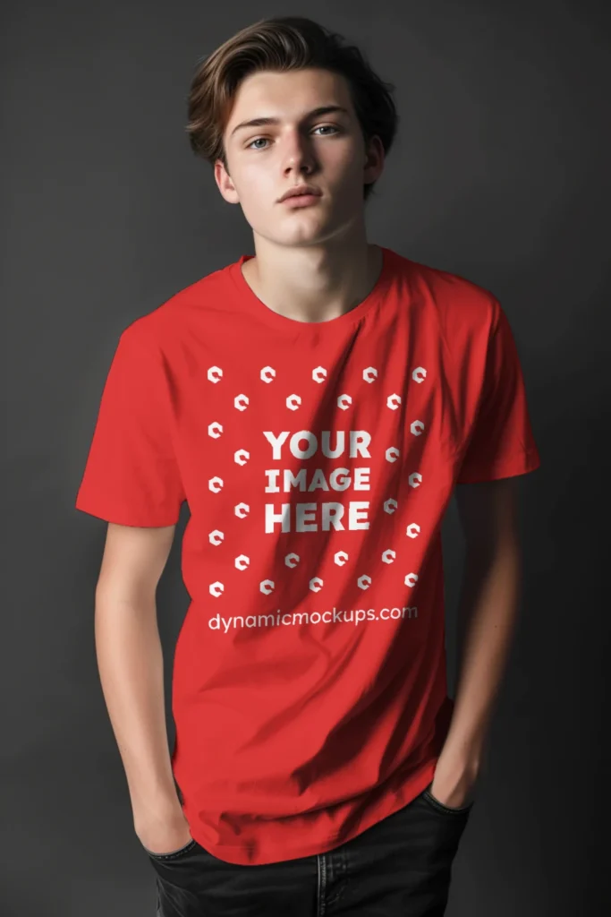 Man Wearing Red T-shirt Mockup Front View Template