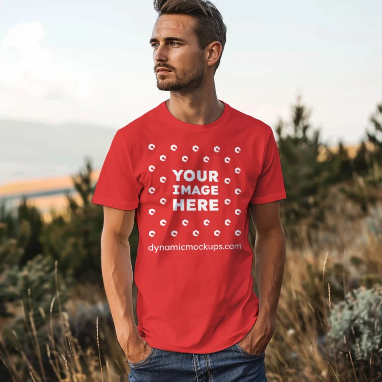 Man Wearing Red T-shirt Mockup Front View Template