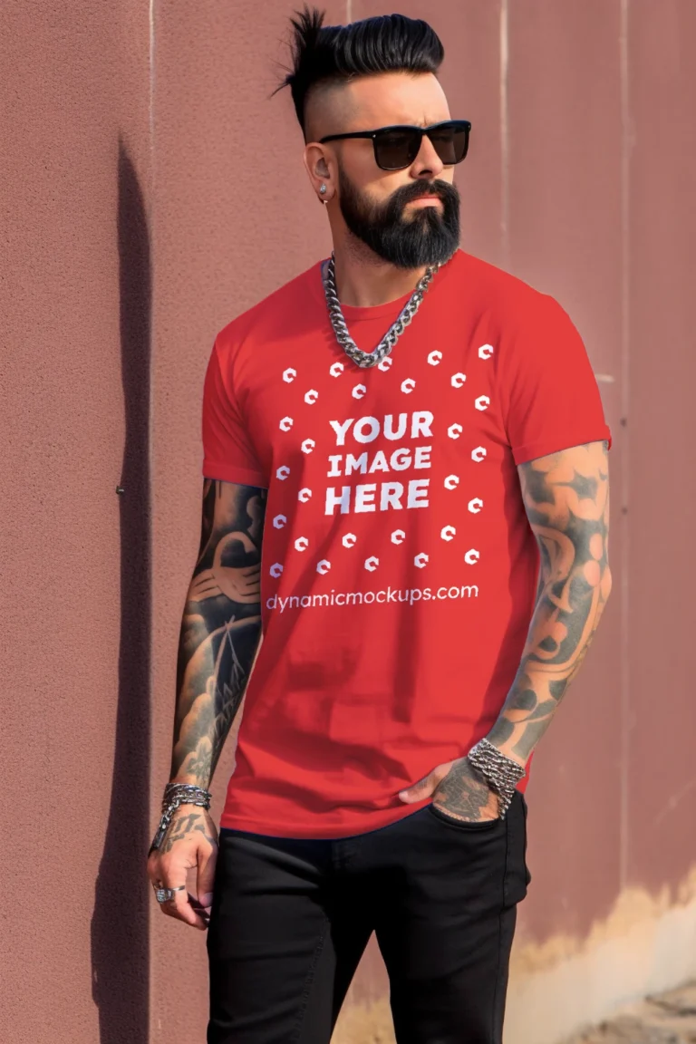 Man Wearing Red T-shirt Mockup Front View Template