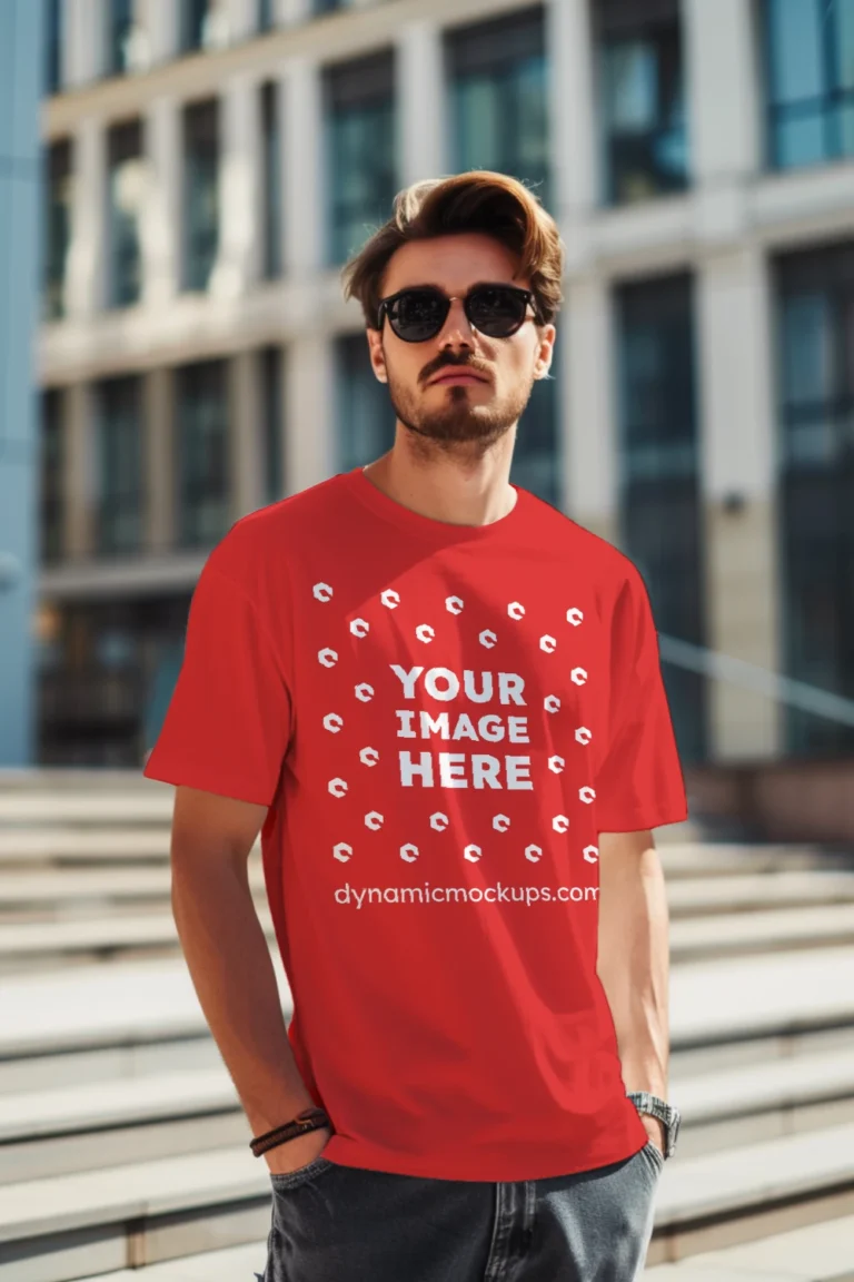 Man Wearing Red T-shirt Mockup Front View Template