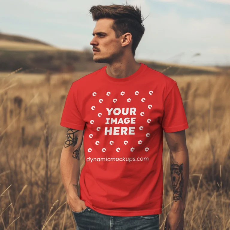 Man Wearing Red T-shirt Mockup Front View Template