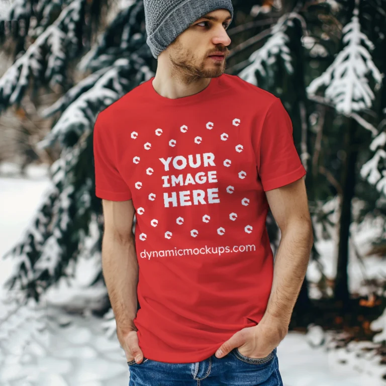 Man Wearing Red T-shirt Mockup Front View Template