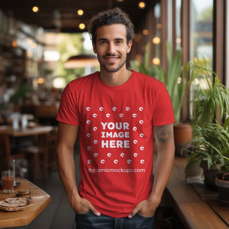 Man Wearing Red T-shirt Mockup Front View Template