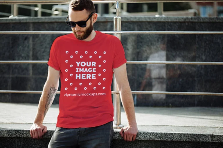 Man Wearing Red T-shirt Mockup Front View Template