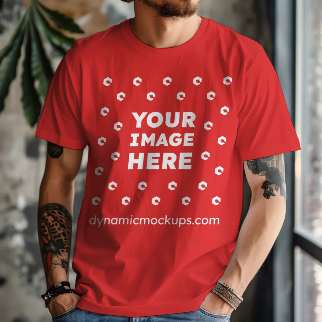 Man Wearing Red T-shirt Mockup Front View Template