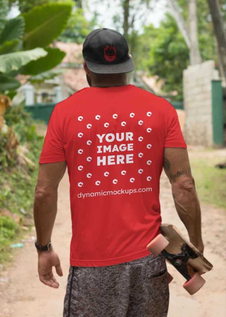 Man Wearing Red T-shirt Mockup Back View Template