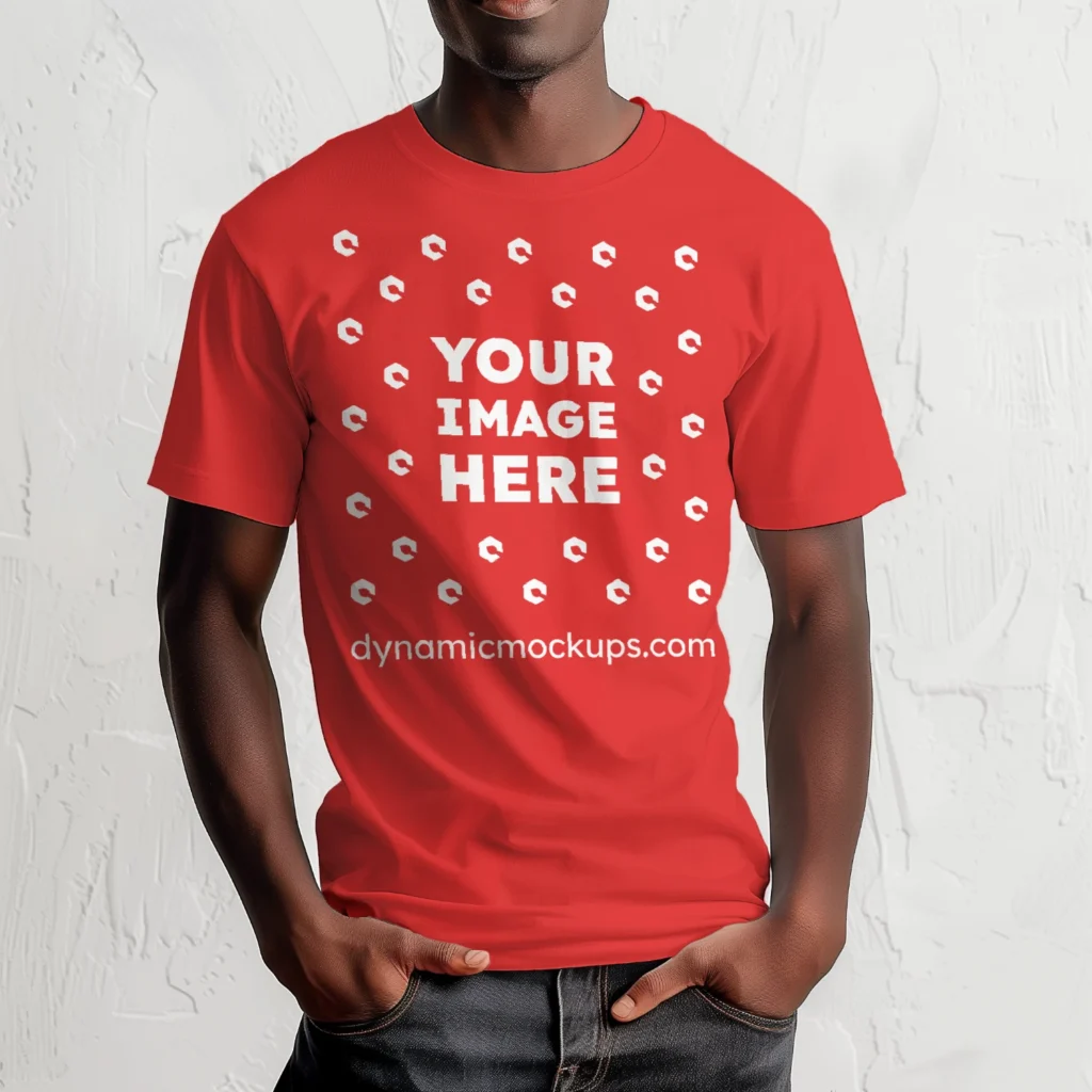 Man Wearing Red T-shirt Mockup Front View Template