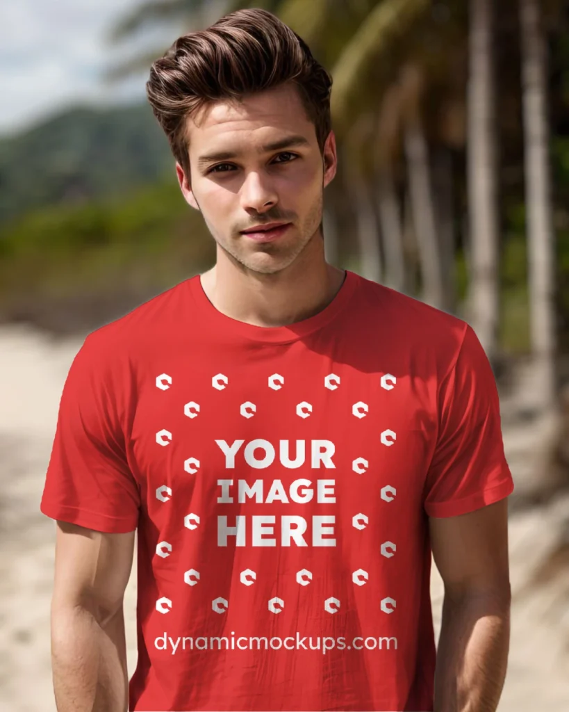 Man Wearing Red T-shirt Mockup Front View Template