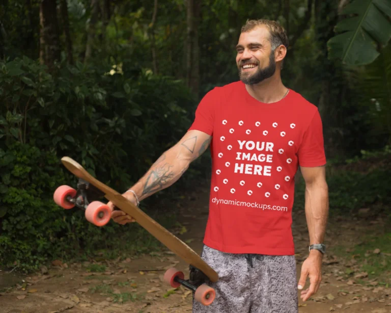 Man Wearing Red T-shirt Mockup Front View Template