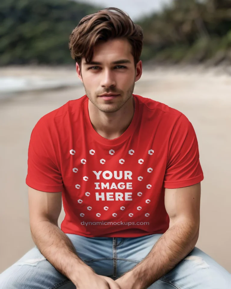 Man Wearing Red T-shirt Mockup Front View Template