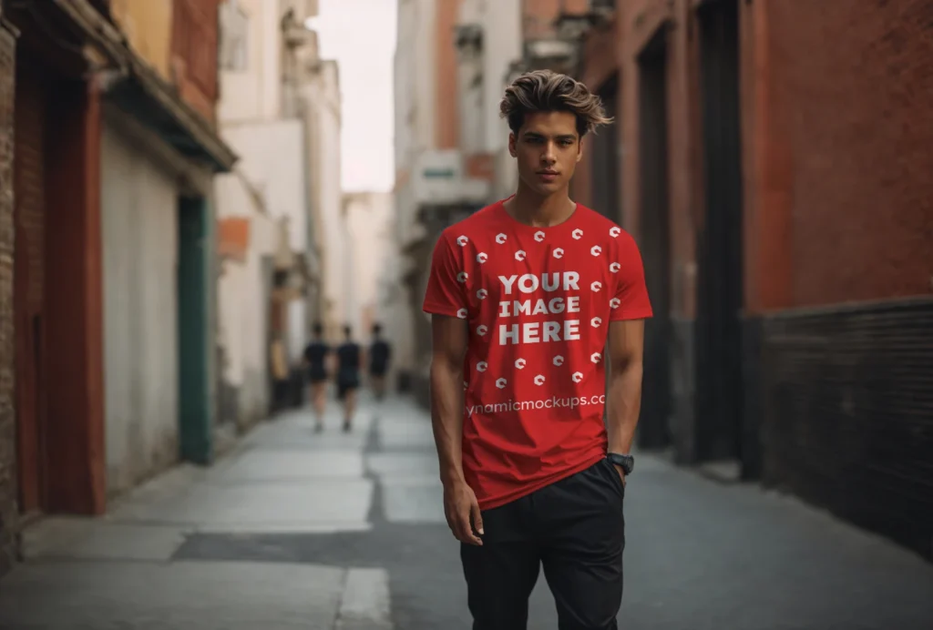 Man Wearing Red T-shirt Mockup Front View Template