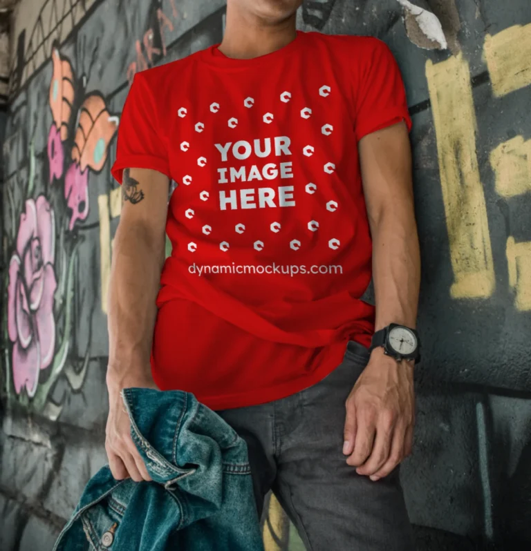 Man Wearing Red T-shirt Mockup Front View Template