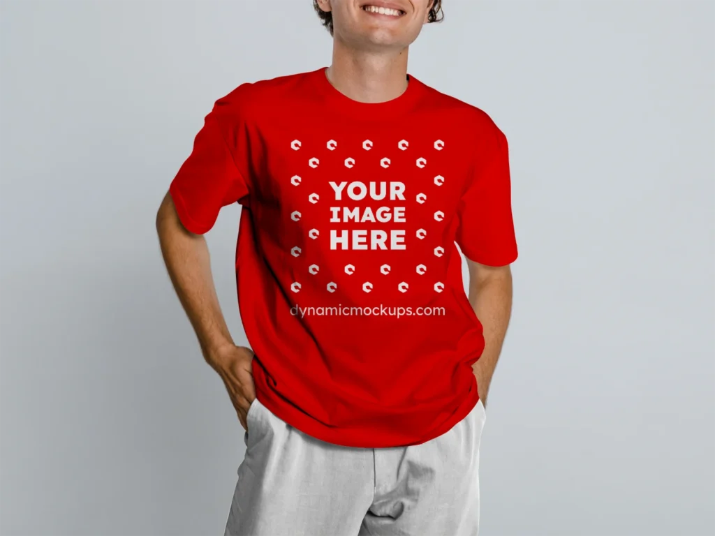 Man Wearing Red T-shirt Mockup Front View Template