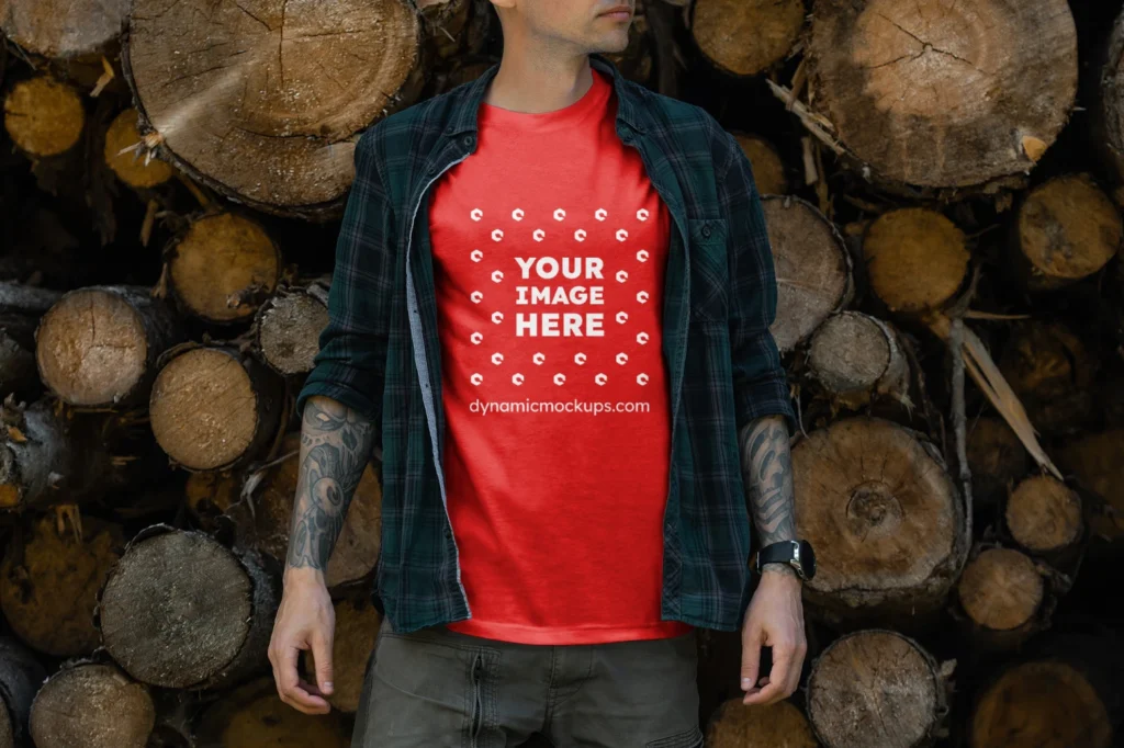 Man Wearing Red T-shirt Mockup Front View Template