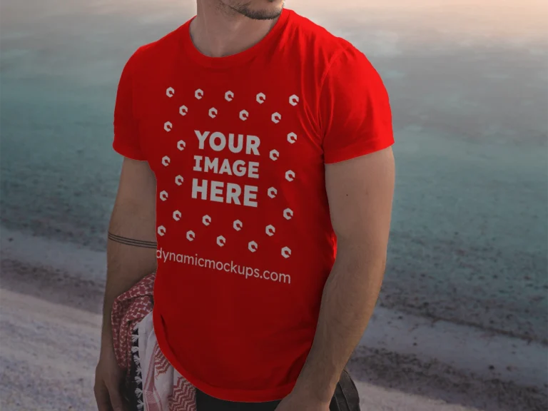 Man Wearing Red T-shirt Mockup Front View Template