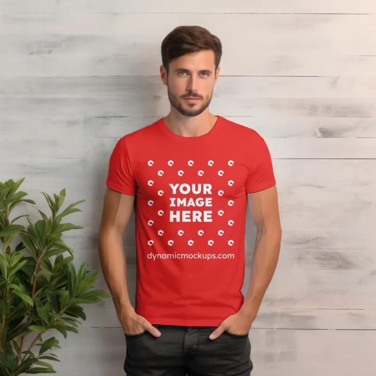 Man Wearing Red T-shirt Mockup Front View Template