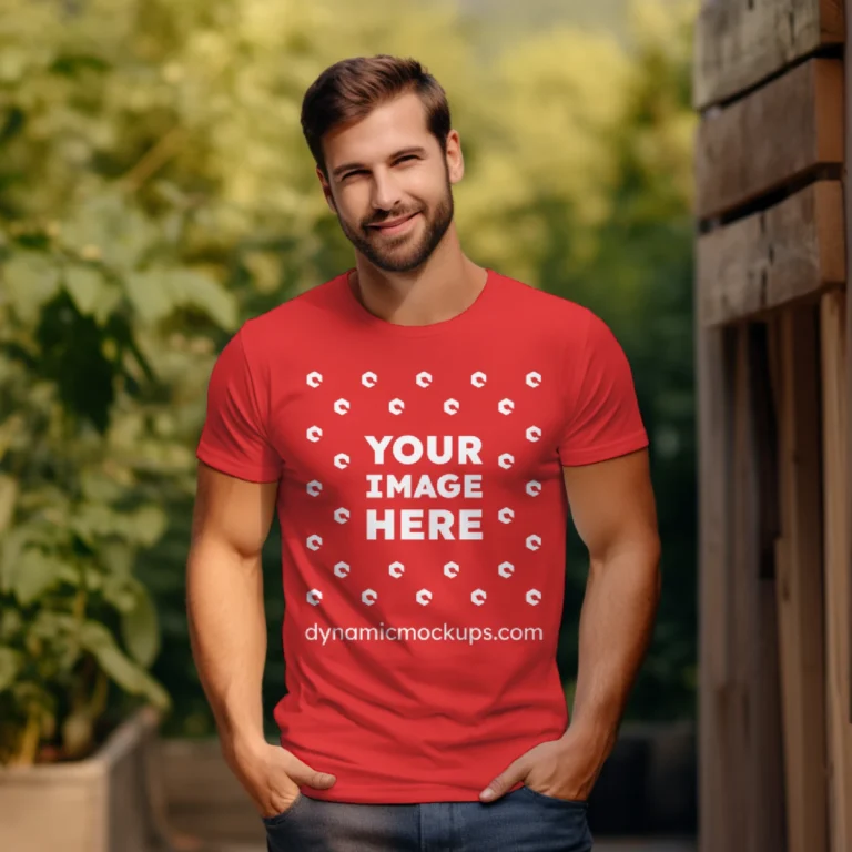 Man Wearing Red T-shirt Mockup Front View Template