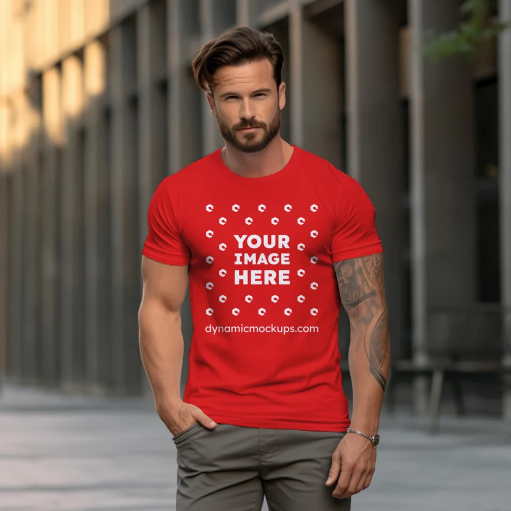 Man Wearing Red T-shirt Mockup Front View Template