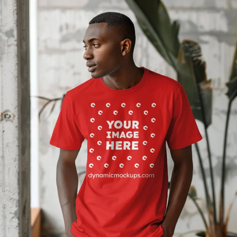 Man Wearing Red T-shirt Mockup Front View Template