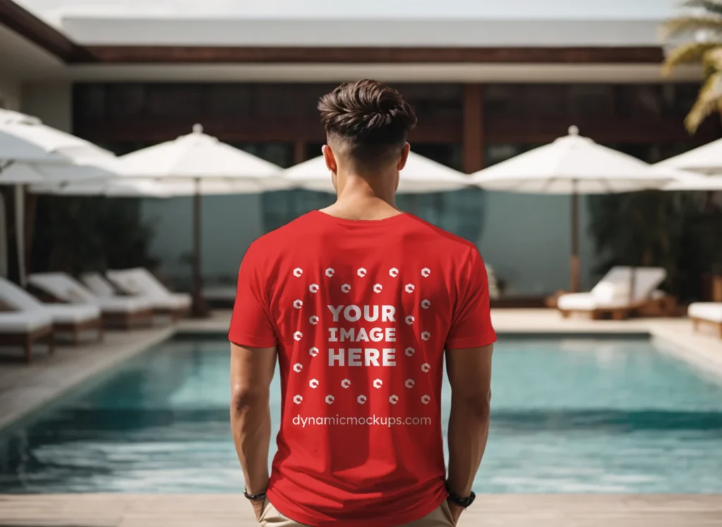 Man Wearing Red T-shirt Mockup Back View Template