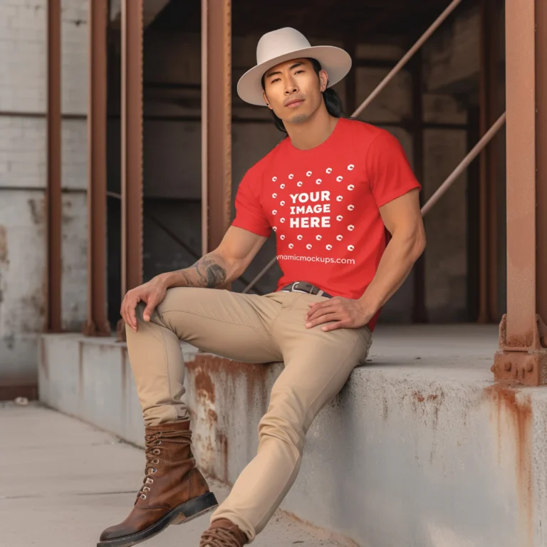 Man Wearing Red T-shirt Mockup Front View Template