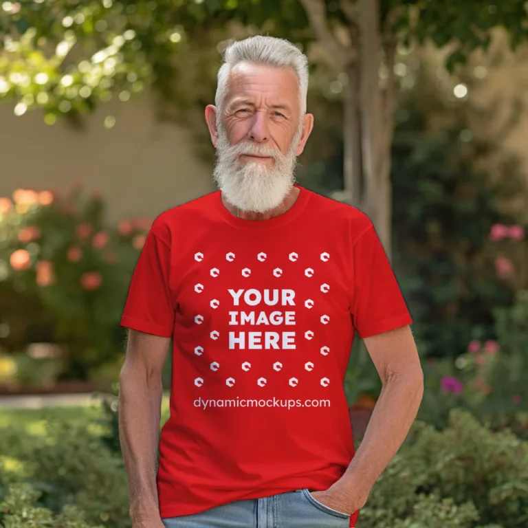 Man Wearing Red T-shirt Mockup Front View Template