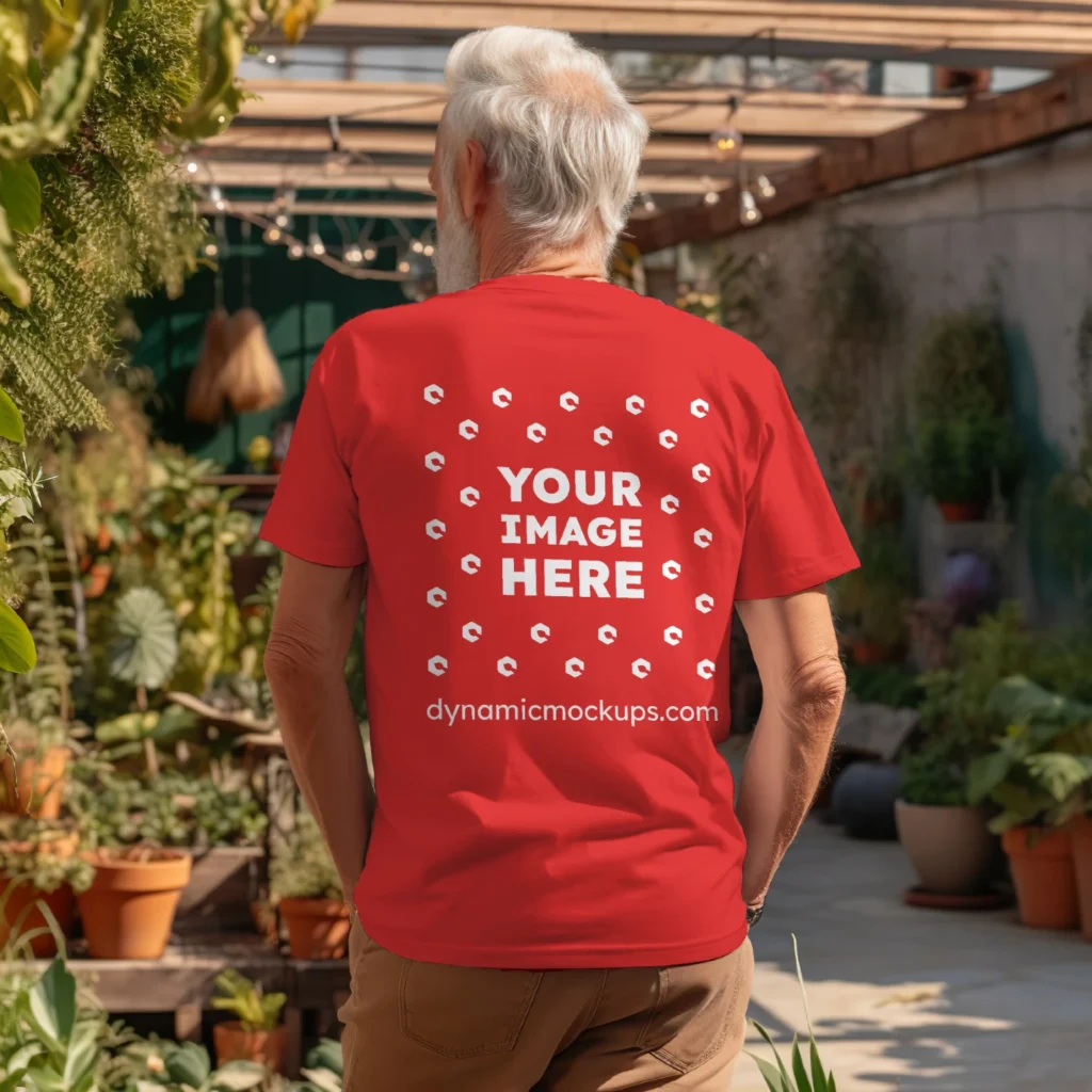 Man Wearing Red T-shirt Mockup Back View Template