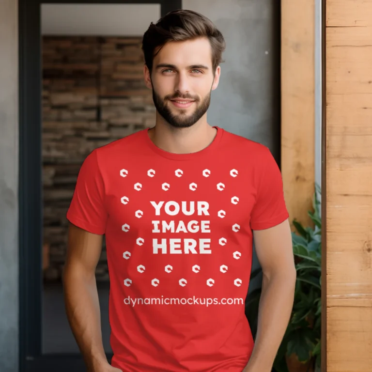 Man Wearing Red T-shirt Mockup Front View Template