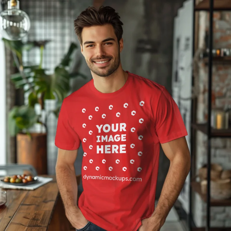 Man Wearing Red T-shirt Mockup Front View Template