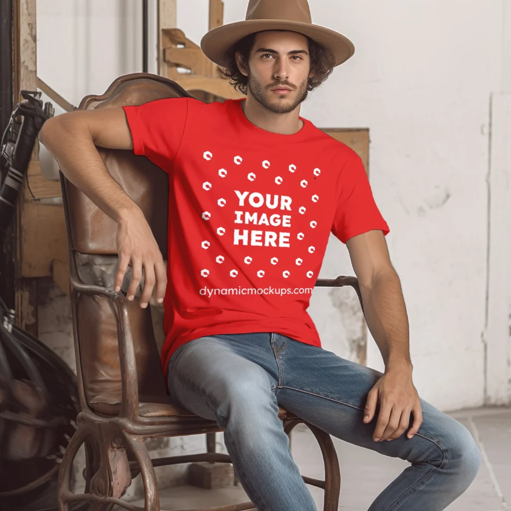 Man Wearing Red T-shirt Mockup Front View Template