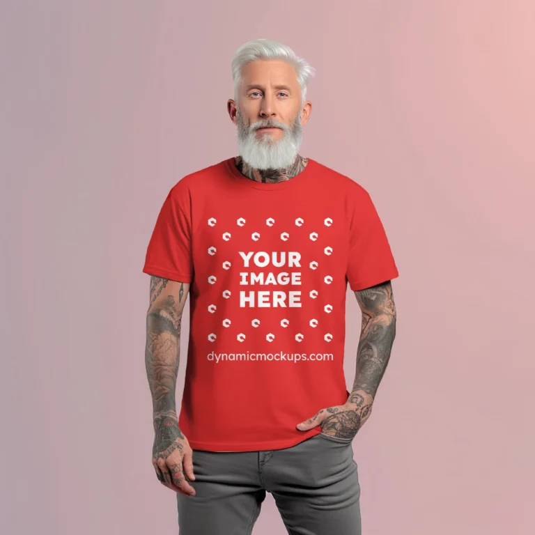 Man Wearing Red T-shirt Mockup Front View Template