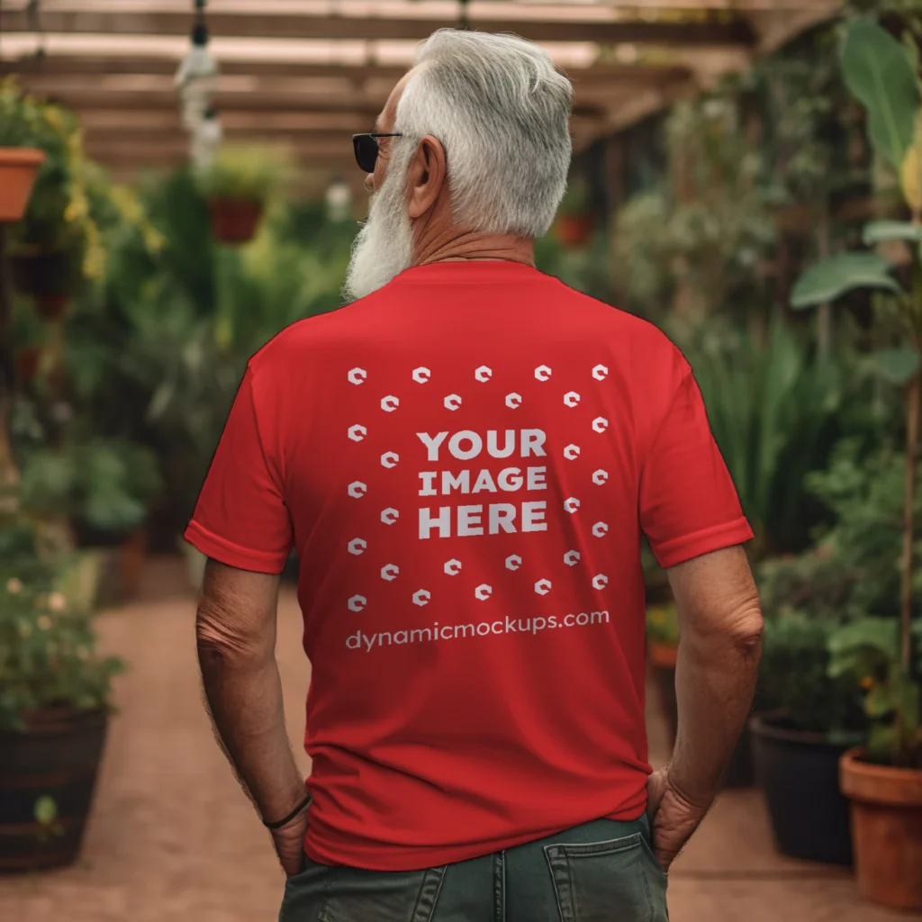 Man Wearing Red T-shirt Mockup Back View Template