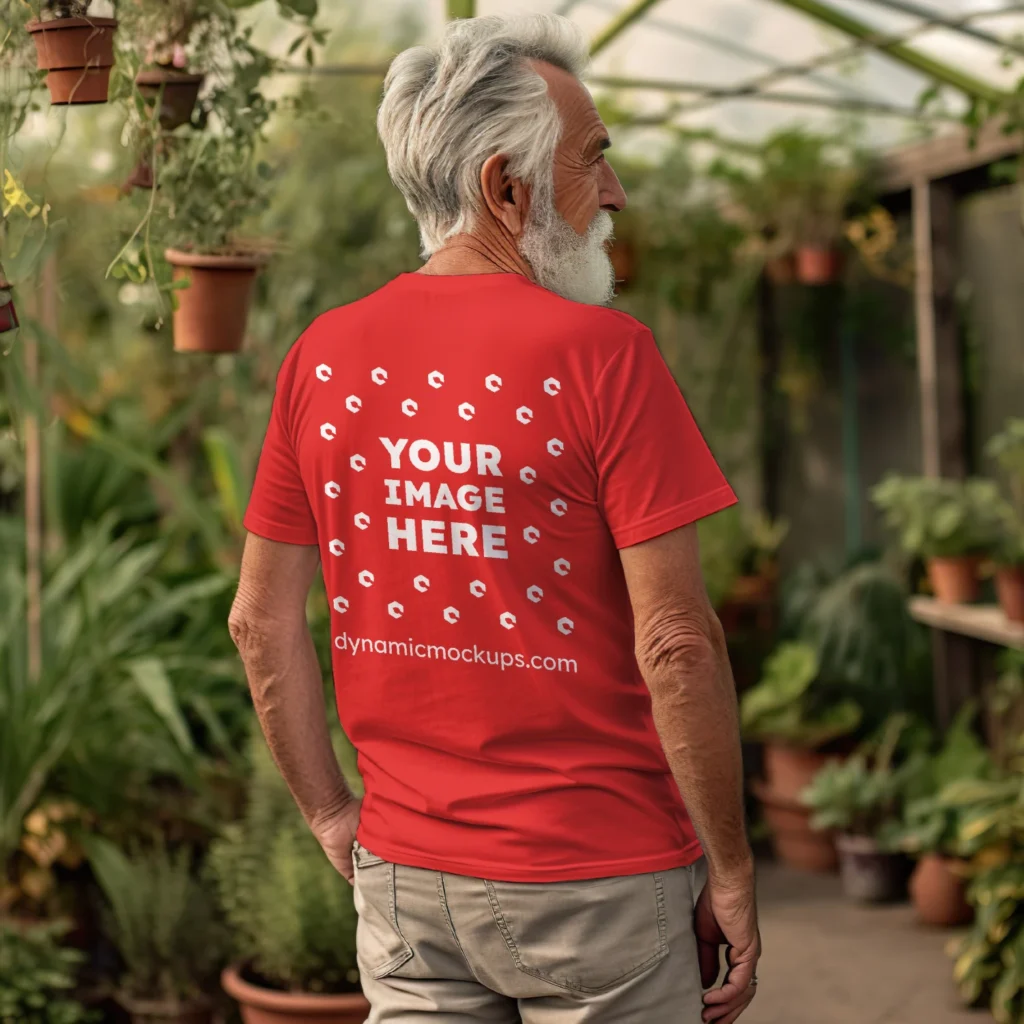 Man Wearing Red T-shirt Mockup Back View Template