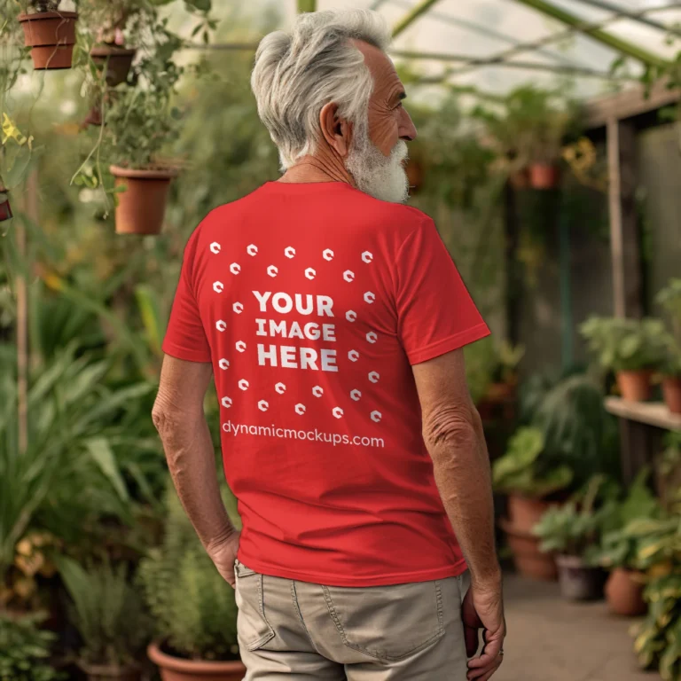 Man Wearing Red T-shirt Mockup Back View Template