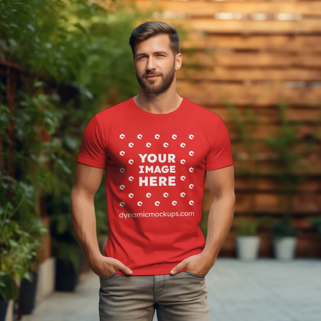 Man Wearing Red T-shirt Mockup Front View Template