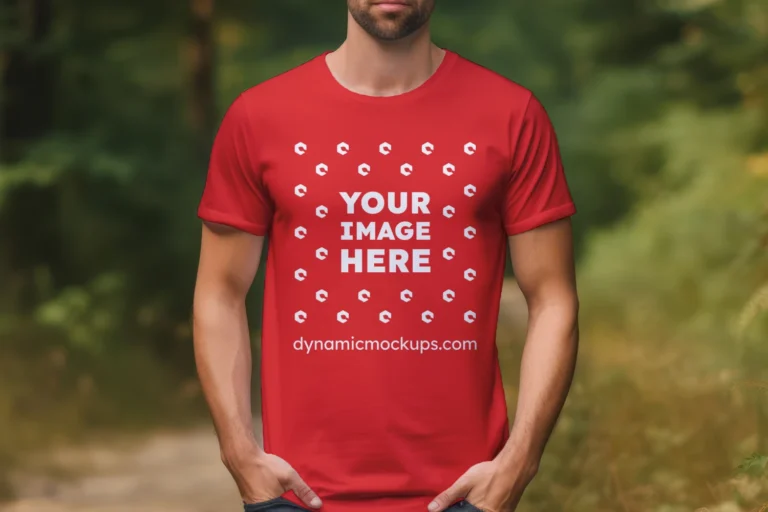 Man Wearing Red T-shirt Mockup Front View Template