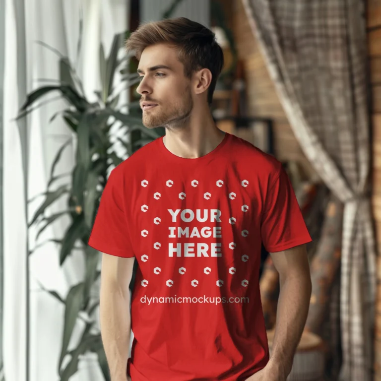 Man Wearing Red T-shirt Mockup Front View Template