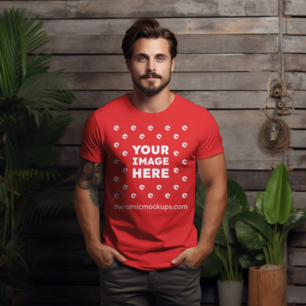 Man Wearing Red T-shirt Mockup Front View Template