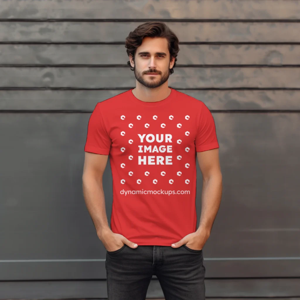 Man Wearing Red T-shirt Mockup Front View Template