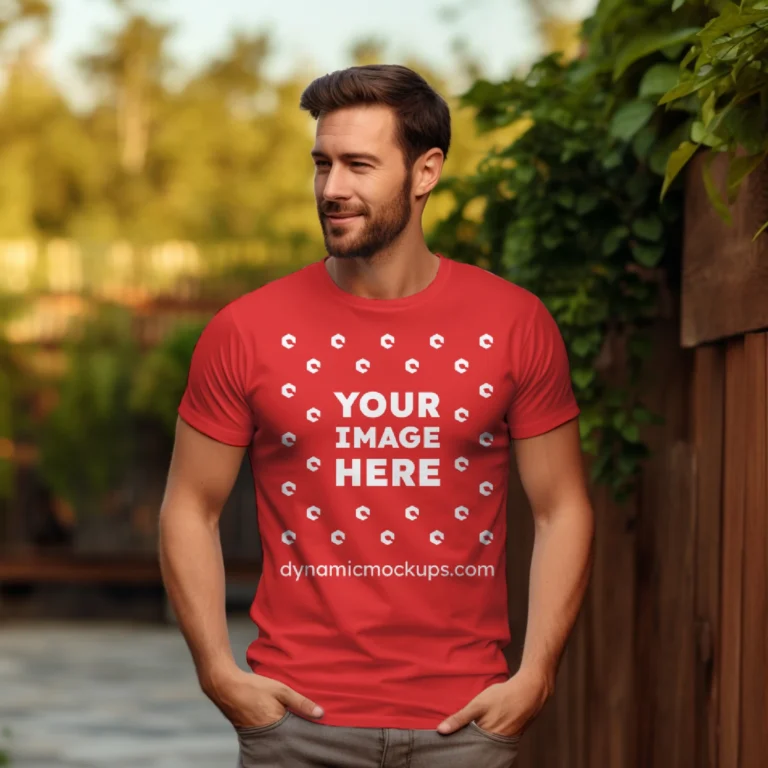 Man Wearing Red T-shirt Mockup Front View Template