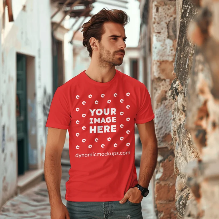 Man Wearing Red T-shirt Mockup Front View Template