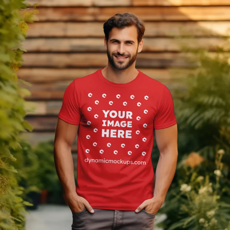 Man Wearing Red T-shirt Mockup Front View Template