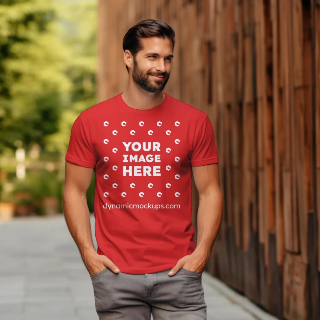 Man Wearing Red T-shirt Mockup Front View Template